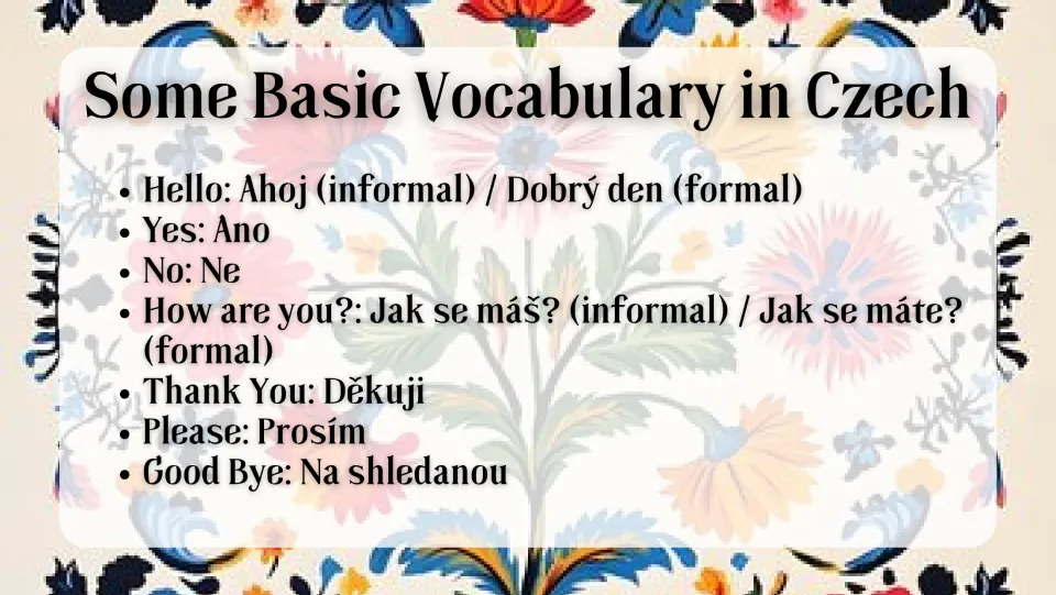 Czech vocabulary slide: Ahoj (hello), Ano (yes), Ne (no), Děkuji (thank you), and three more expressions