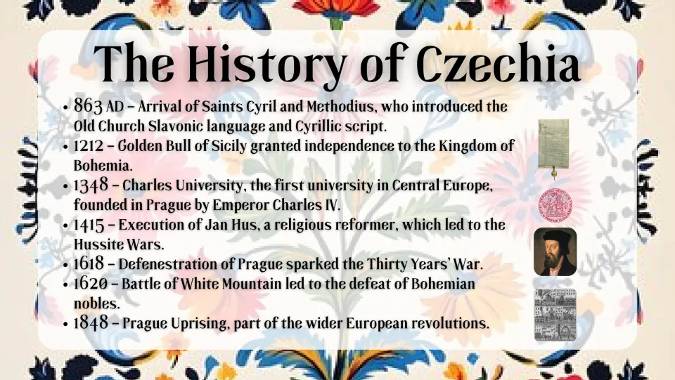 First history slide: seven dated events from Cyril and Methodius in 863 AD to the Prague Uprising in 1848