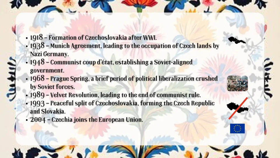 Second history slide: seven events from Czechoslovakia's formation in 1918 to Czechia joining the EU in 2004
