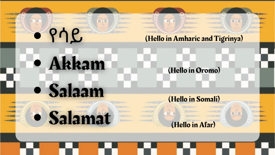Greeting slide introducing hello in Amharic and Tigrinya, Akkam in Oromo, Salaam in Somali, and Salamat in Afar