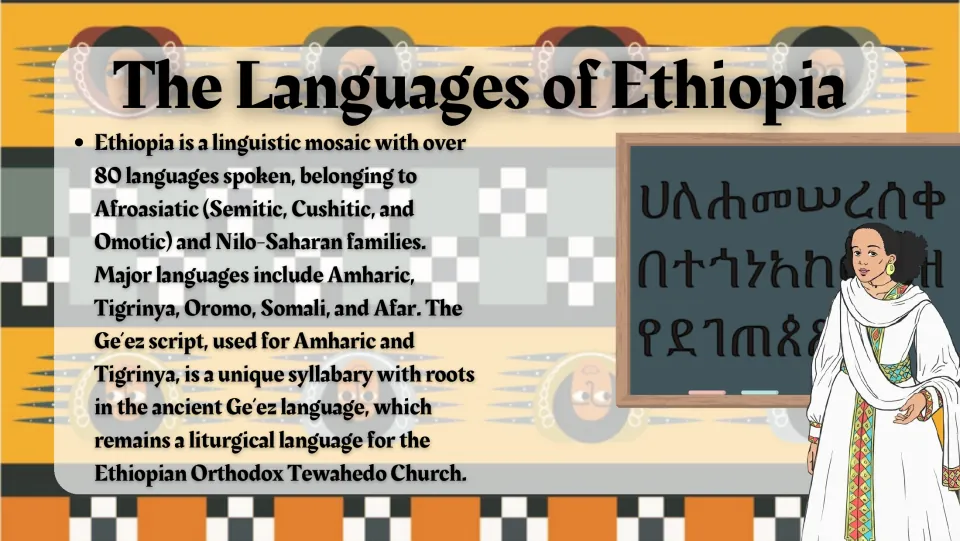 Language overview slide describing Ethiopia's 80-plus languages, language families, and the Ge'ez script