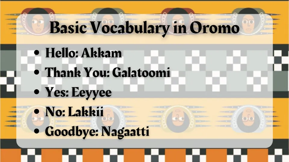 Oromo vocabulary slide: Akkam (hello), Galatoomi (thank you), Eeyyee (yes), Lakkii (no), and Nagaatti (goodbye)