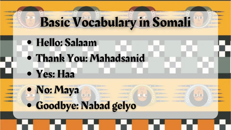 Somali vocabulary slide: Salaam (hello), Mahadsanid (thank you), Haa (yes), Maya (no), Nabad gelyo (goodbye)