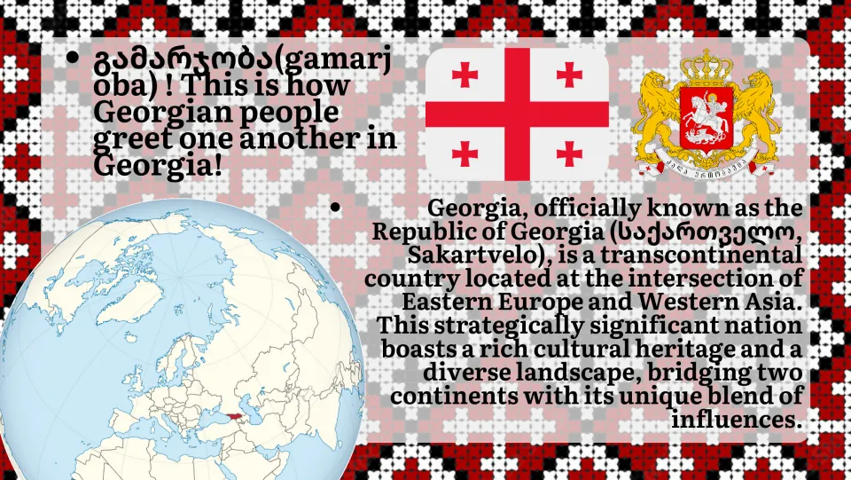 Introduction slide explaining Gamarjoba (hello) and Georgia's location between Eastern Europe and Western Asia