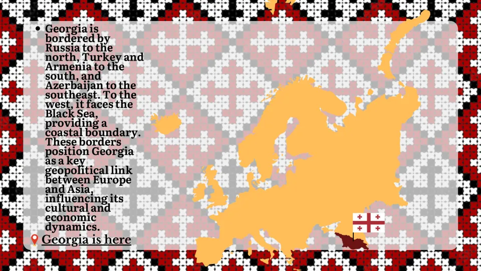 Location slide naming Georgia's neighbors: Russia, Turkey, Armenia, and Azerbaijan, plus the Black Sea