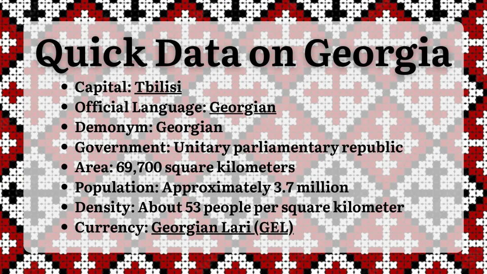 Quick data slide listing Tbilisi, Georgian language, government, area, population, density, and currency