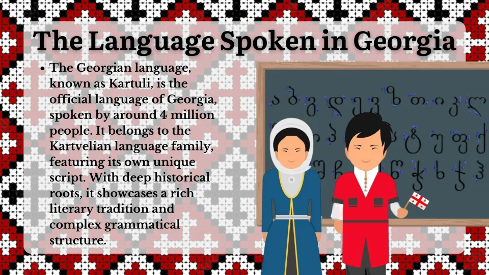 Language overview slide describing Georgian, or Kartuli, its Kartvelian language family, and unique script