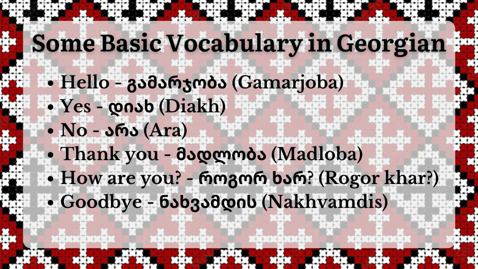 Georgian vocabulary slide translating hello, yes, no, thank you, how are you, and goodbye with transliterations