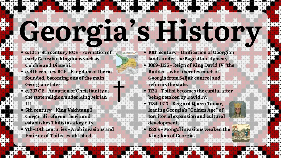 First history slide tracing early Georgian kingdoms, Christianity, unification, Queen Tamar, and Mongol invasions