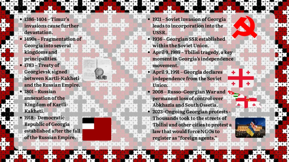 Second history slide covering Timur's invasions, Russian and Soviet rule, independence, war, and 2023 protests