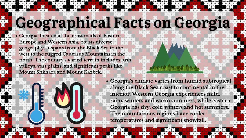 Geography slide describing Georgia's Black Sea coast, Caucasus Mountains, varied terrain, and regional climates