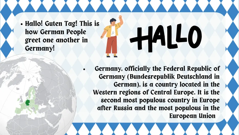 Germany intro: Federal Republic of Germany in Central Europe, second most populous in Europe; globe shows its location