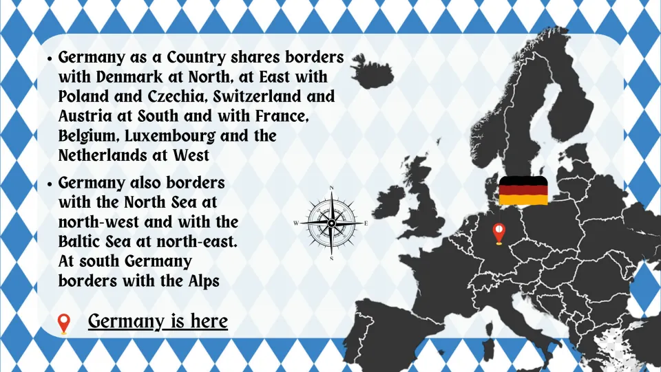 Germany's neighbors: Europe map pins Germany; lists its nine bordering countries plus the North and Baltic Seas
