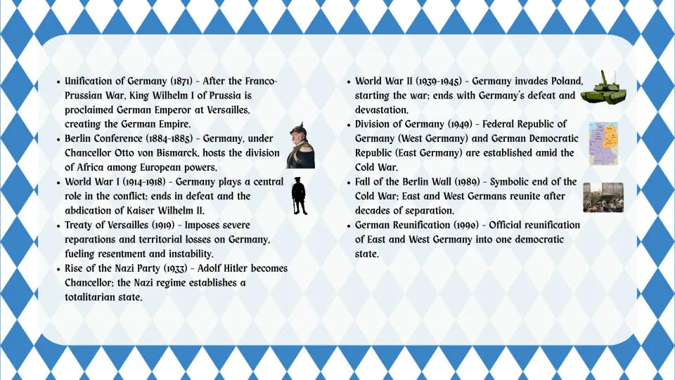 German history continued: 1871 unification, both World Wars, 1949 division, fall of the Berlin Wall and 1990 reunification