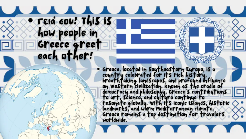 Introduction slide locating Greece in southeastern Europe, with its flag and a summary of its cultural influence