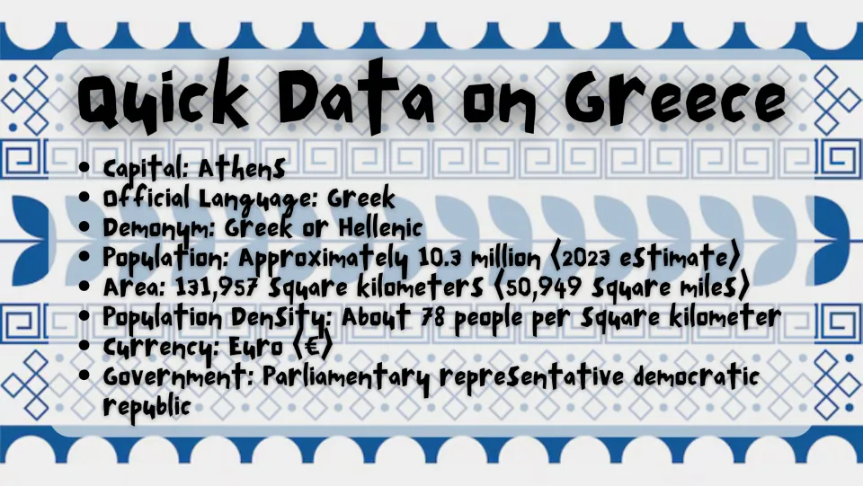 Quick facts slide listing Athens, Greek, the euro, population, area, population density, and Greece's government
