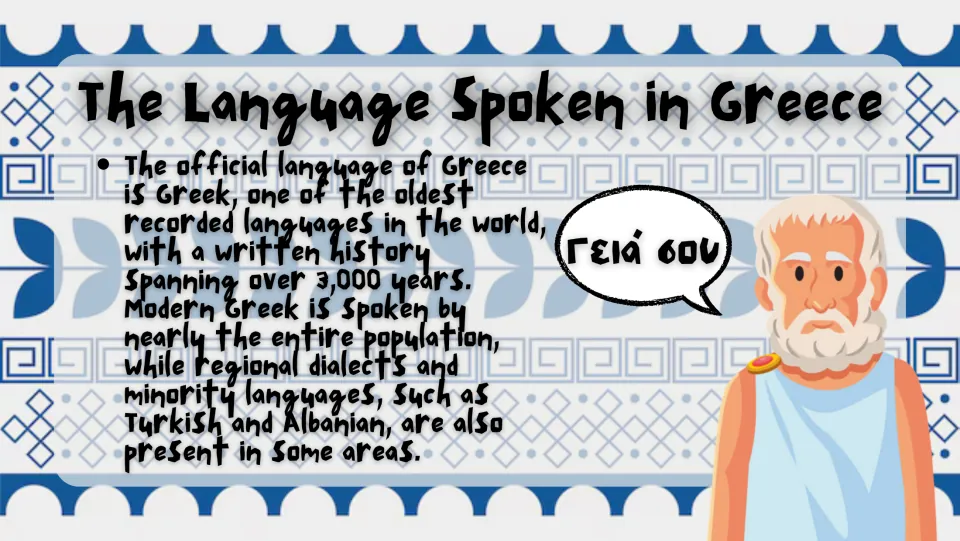 Language overview slide describing Greek's written history of over 3,000 years and other languages spoken in Greece