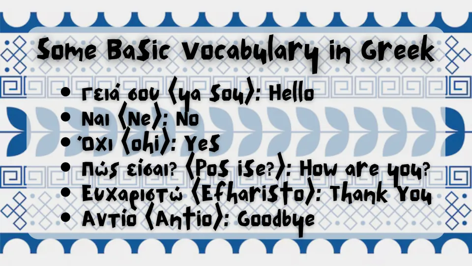 Greek vocabulary slide listing six expressions with transliterations and English labels, including hello and goodbye