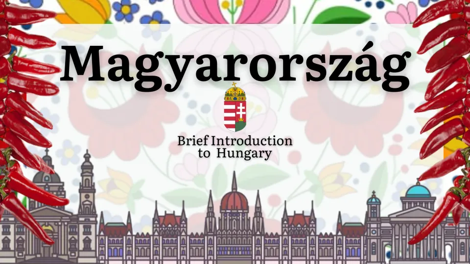 Magyarország title slide: a brief introduction to Hungary with coat of arms, red paprika and a city skyline