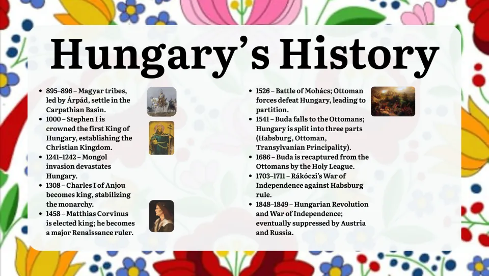 Hungary's History timeline, 895 to 1849: Árpád's Magyars, King Stephen I, Mohács, Ottoman rule and the 1848 revolution