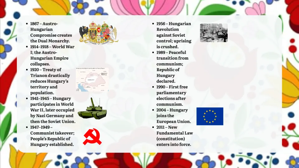 Timeline, 1867 to 2011: Dual Monarchy, Trianon, WWII, communism, 1956 uprising, EU entry and new constitution