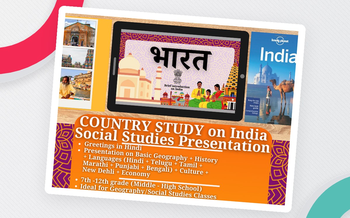 Country Study on India presentation cover with Hindi text and photographs.