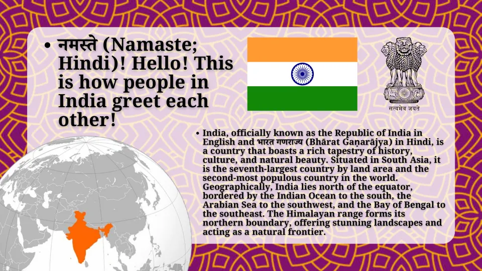 India overview: Namaste greeting, flag, national emblem, globe map and facts on borders, seas and the Himalayas