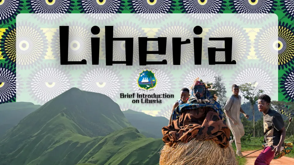 Country study presentation cover introducing Liberia, with its coat of arms and photos of people and mountains