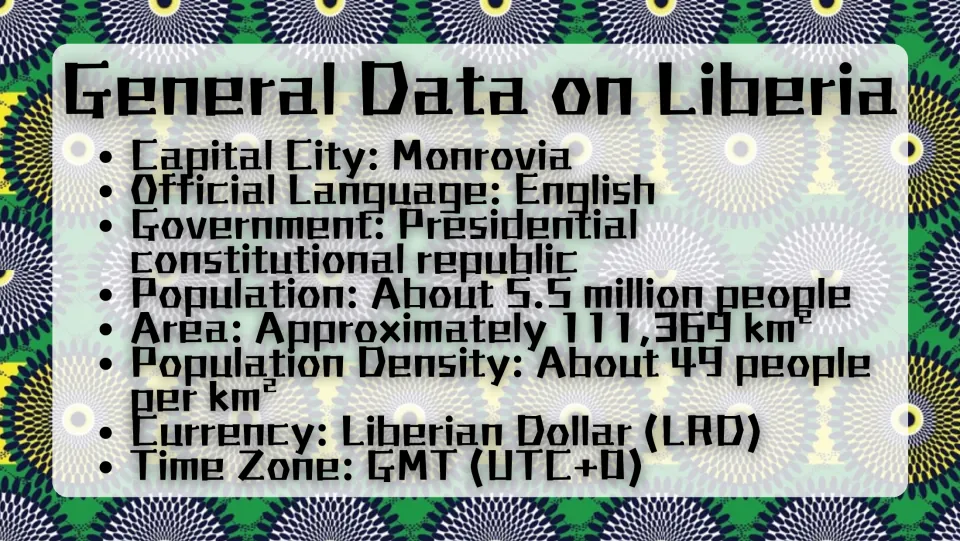 General facts slide listing Monrovia, English, Liberia’s government, population, area, currency, and time zone
