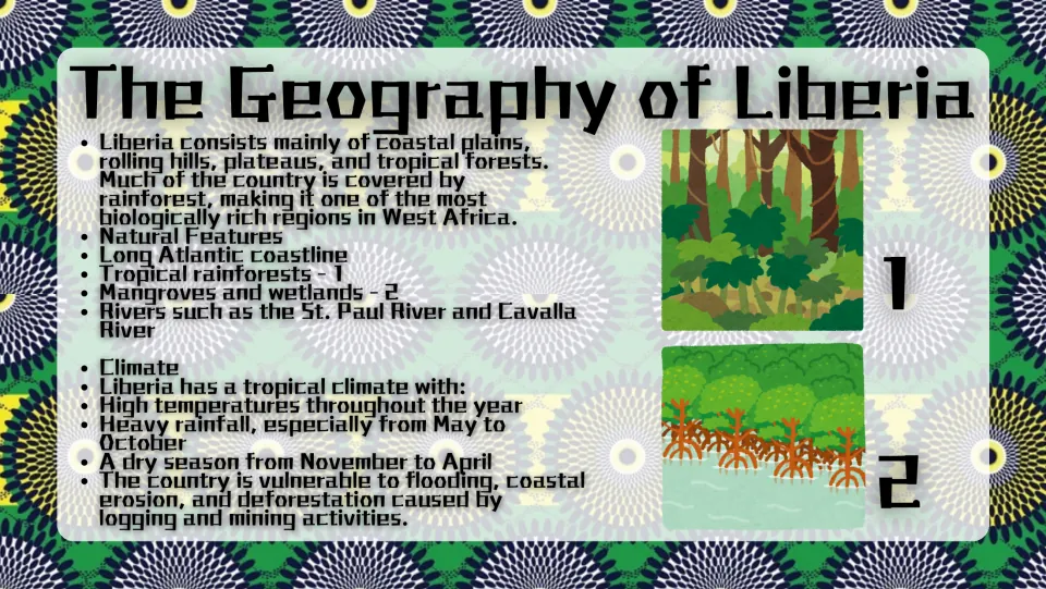 Geography slide covering Liberia’s coastal plains, rainforests, mangroves, rivers, tropical climate, and threats