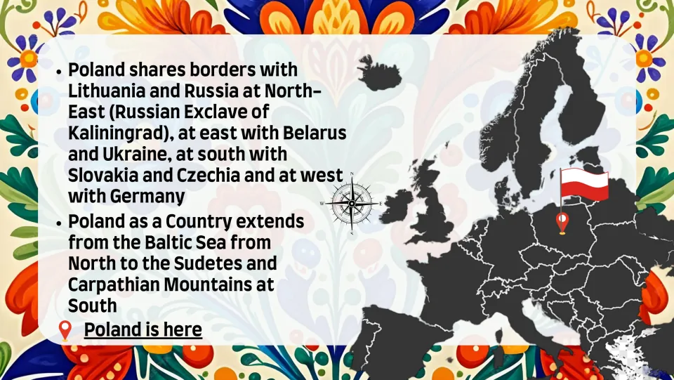 Geography slide identifying Poland's neighbors and its extent from the Baltic Sea to southern mountains