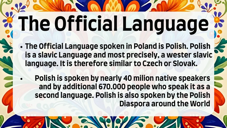 Language overview slide describing Polish as a West Slavic language and its speakers around the world