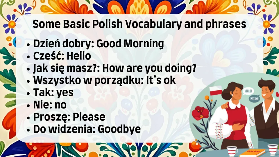 Polish vocabulary slide: tak (yes), nie (no), proszę (please), do widzenia (goodbye), and four more phrases