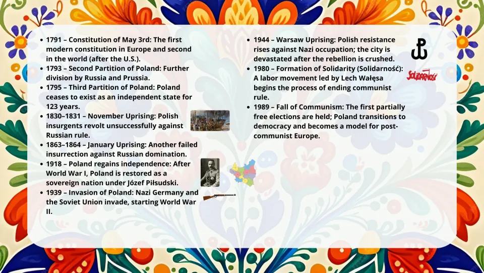 Second history slide tracing Poland from the 1791 Constitution of May 3rd to the fall of communism in 1989
