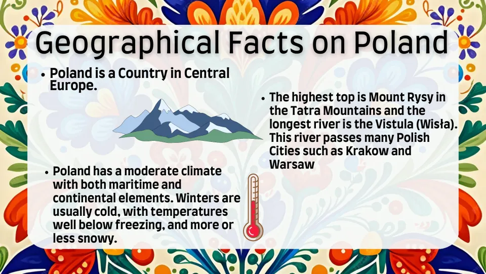 Physical geography slide covering Poland's Central European location, climate, Mount Rysy, and Vistula River