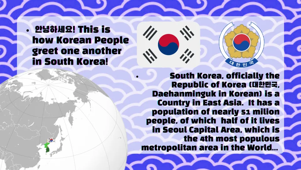 Introduction to the Republic of Korea: flag, national emblem, globe map and facts on population and the Seoul Capital Area