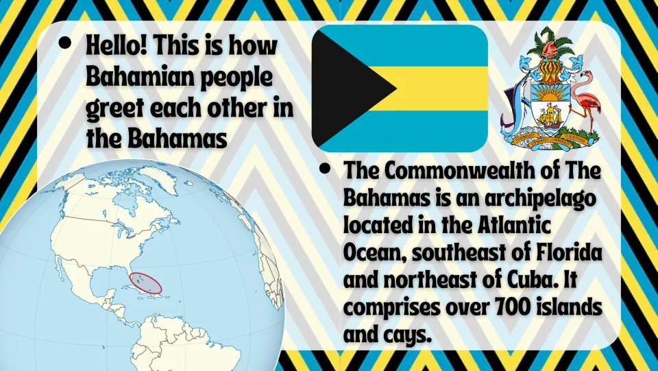Introduction slide locating the Bahamas southeast of Florida and northeast of Cuba, with its flag and globe