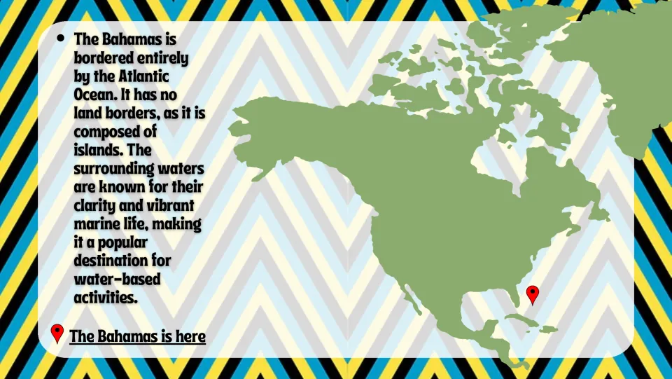 Location slide showing the Bahamas on a North America map and explaining its Atlantic waters and lack of land borders