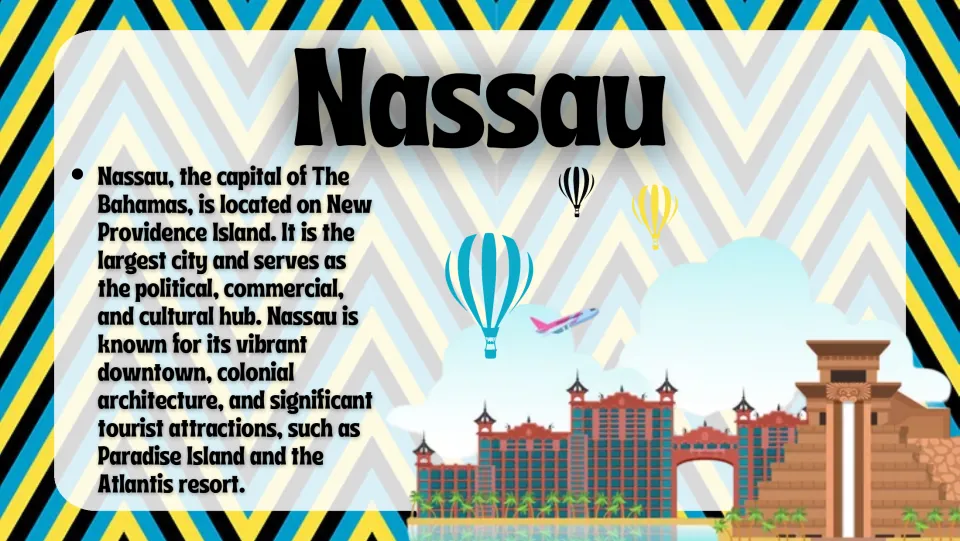 Capital-city slide introducing Nassau on New Providence Island and describing its roles and tourist attractions