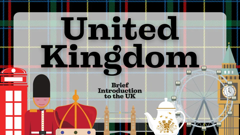 United Kingdom cover slide: Brief Introduction to the UK, shown with a phone box, royal guard, crown, teapot and Big Ben