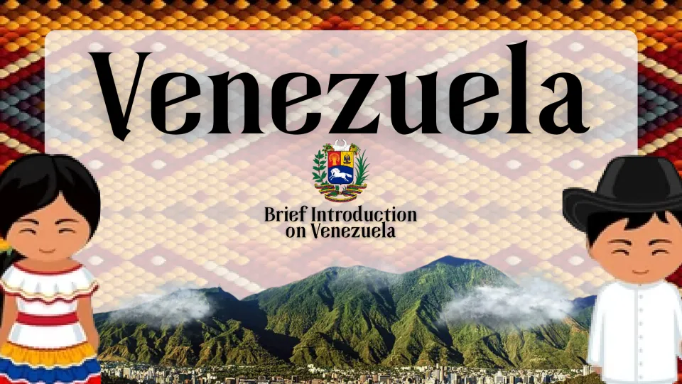 Venezuela title slide: a brief introduction with the coat of arms, a mountain range over a city and two cartoon kids