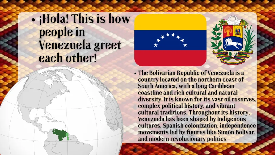 Venezuela overview: flag, coat of arms and a globe locating it, with notes on oil, the Caribbean coast and Bolívar