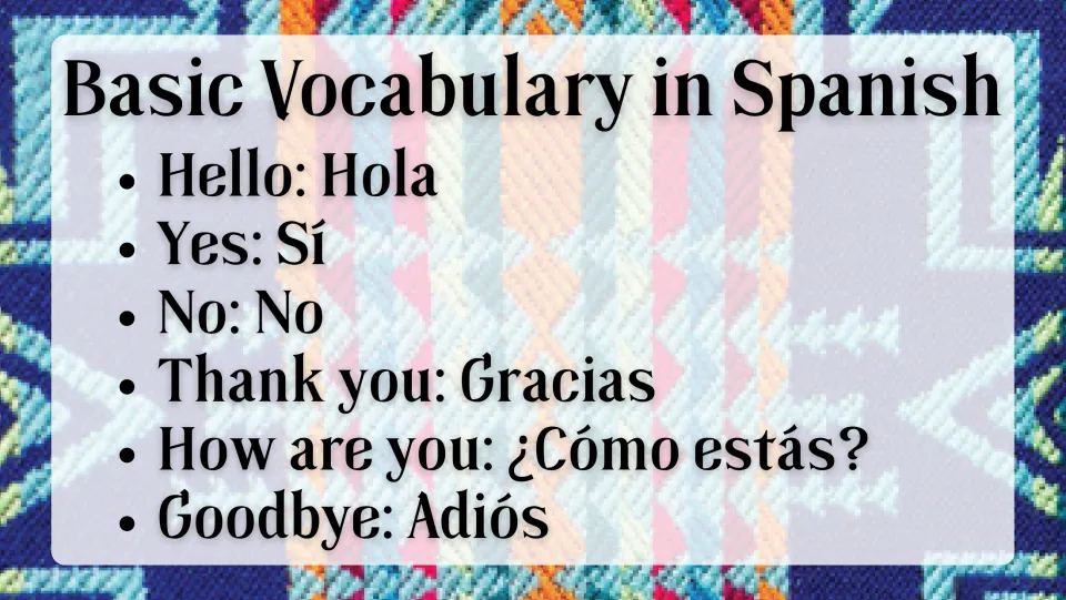 Spanish vocabulary slide: Hola (Hello), Sí (Yes), No (No), Gracias (Thank you), and two more expressions