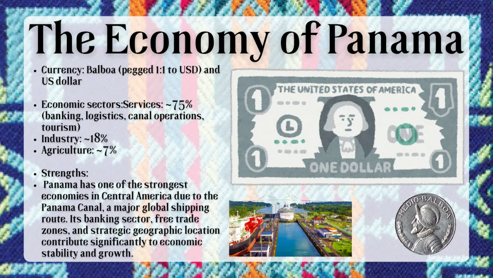Economy slide covering Panama's currencies, service sector, industry, agriculture, and canal-related trade