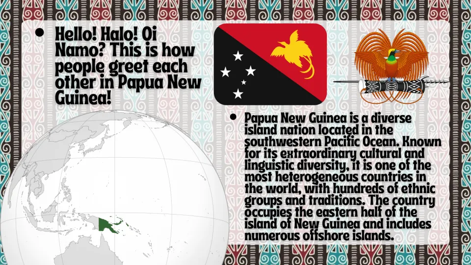 Introduction slide locating Papua New Guinea in the southwestern Pacific and describing its cultural diversity