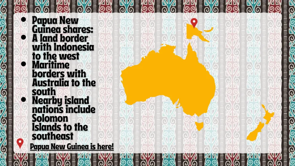 Location slide identifying Indonesia, Australia, and Solomon Islands as Papua New Guinea's neighbors