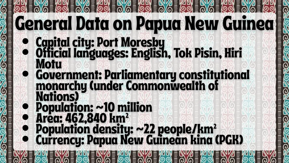 National facts slide listing Port Moresby, official languages, government, population, area, density, and currency