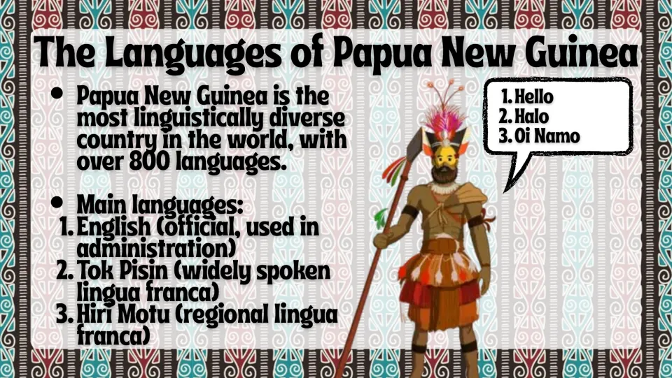 Languages slide describing over 800 languages and the roles of English, Tok Pisin, and Hiri Motu
