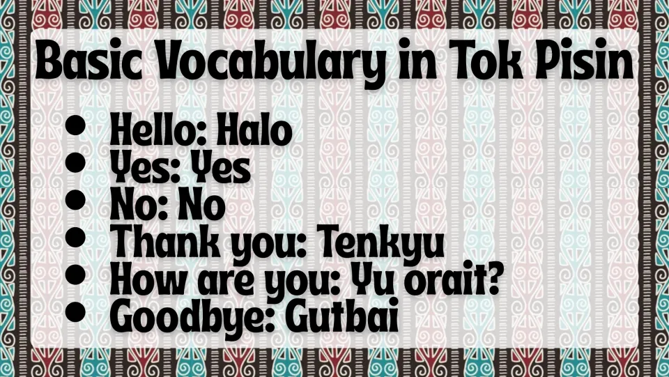 Tok Pisin vocabulary slide: Halo (hello), Yes (yes), No (no), Tenkyu (thank you), and two more phrases