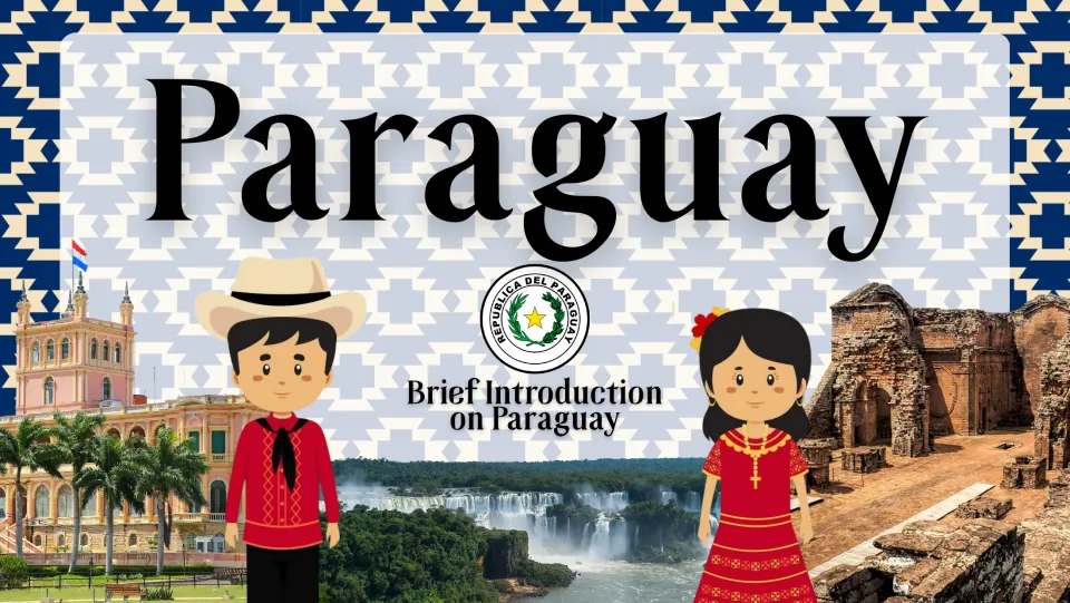 Country study presentation cover introducing Paraguay, with landmark photographs and the national seal